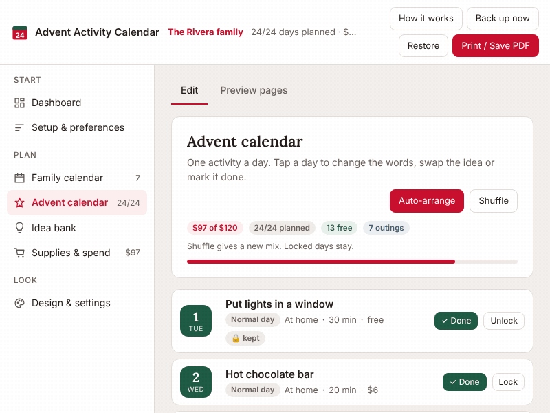 Shuffling the 24-day plan, renaming a day's activity, marking a day done, then scrolling through the printable pages