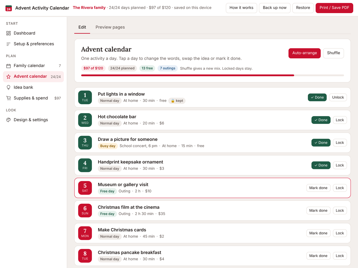 The advent calendar list with an activity, time and cost for each day and the budget bar