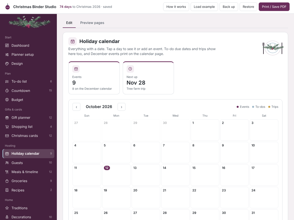 Holiday calendar month view with events, to-dos and trips