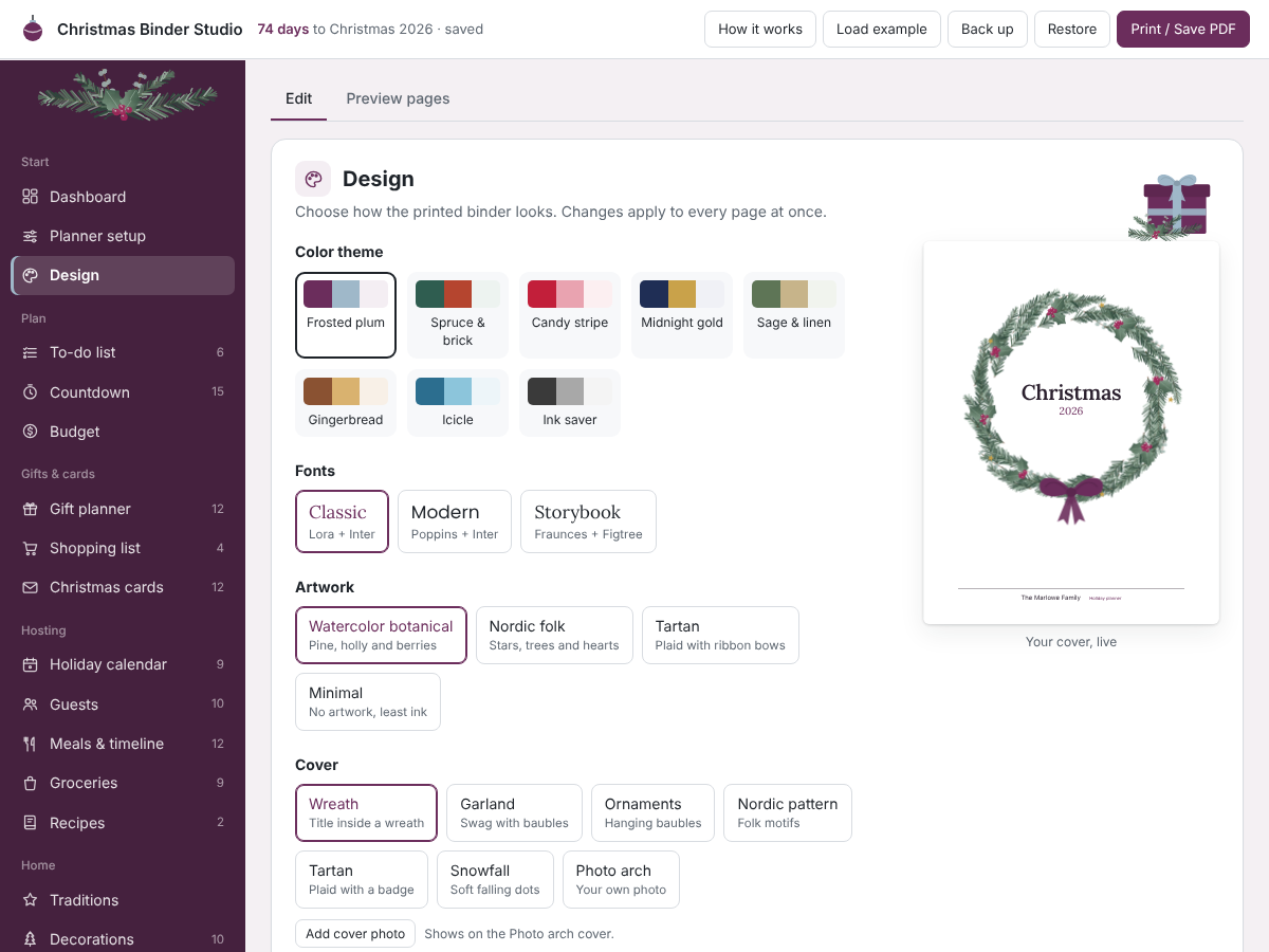 Design screen with colour themes, fonts, artwork styles and cover choices beside a live cover preview