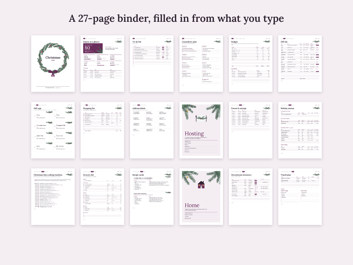 Thumbnails of the printed binder pages: cover, season at a glance, to-dos, budget, gift list, tags, cards, calendar, menus and more