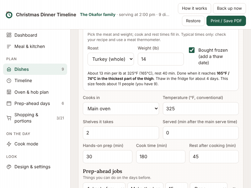 Changing the turkey weight in the roast calculator, then scrolling the timeline, the oven plan and cook mode
