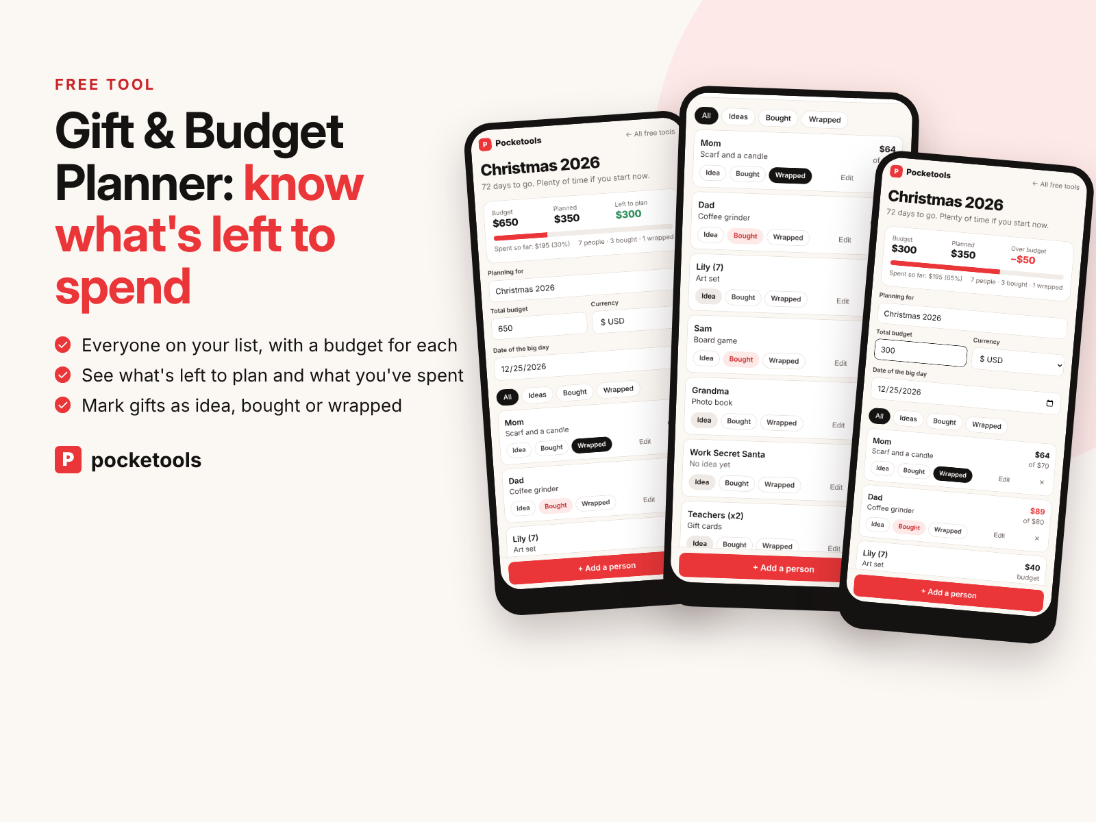 Gift & Budget Planner on three phones: the budget summary, the gift list and an over-budget warning