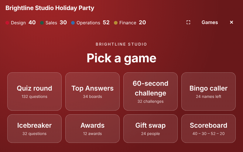 The games menu, a quiz answer with points added, a Top Answers board filling up, the bingo caller and the scoreboard, in the real tool