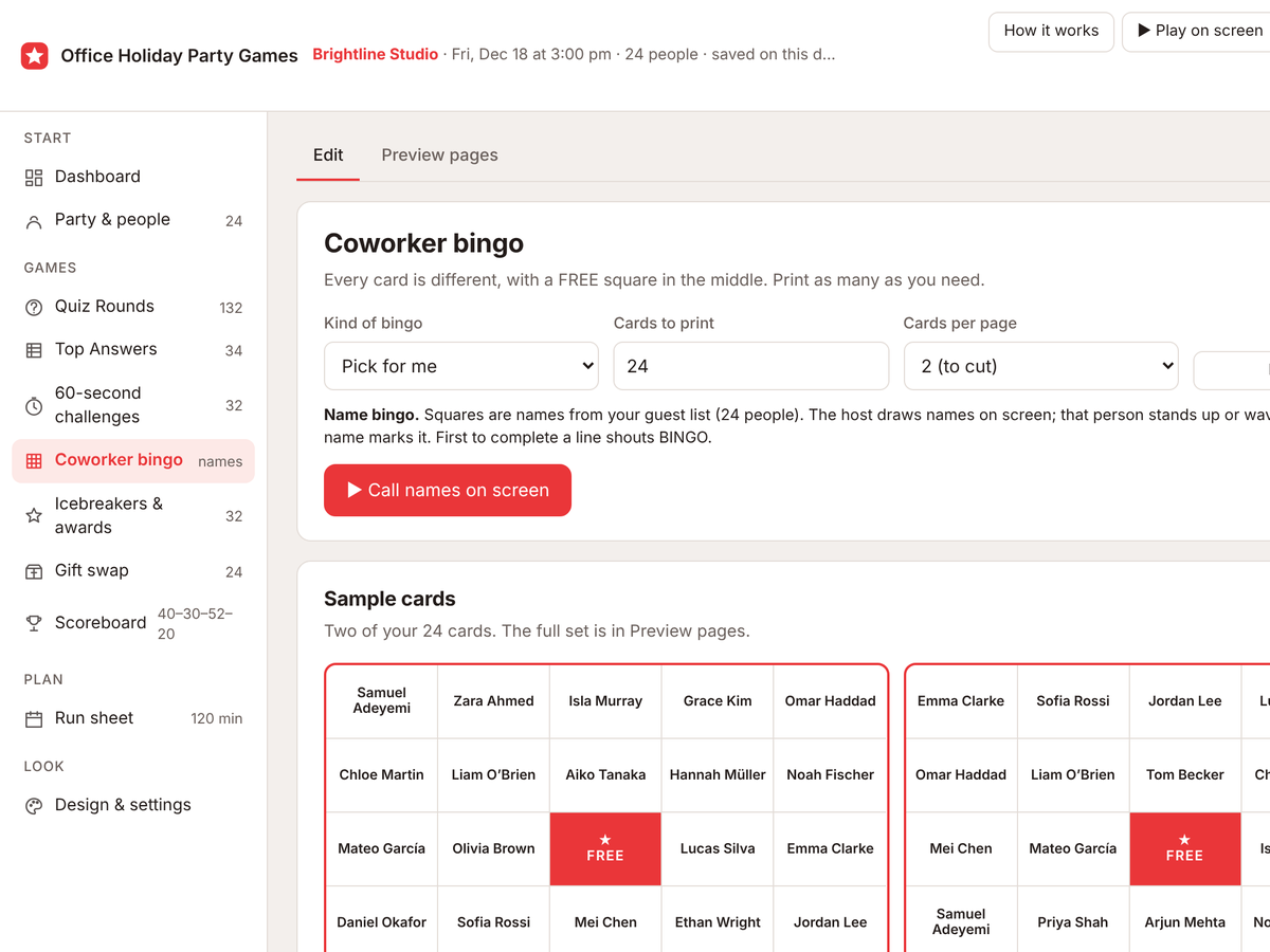 The Coworker bingo screen with two different sample cards