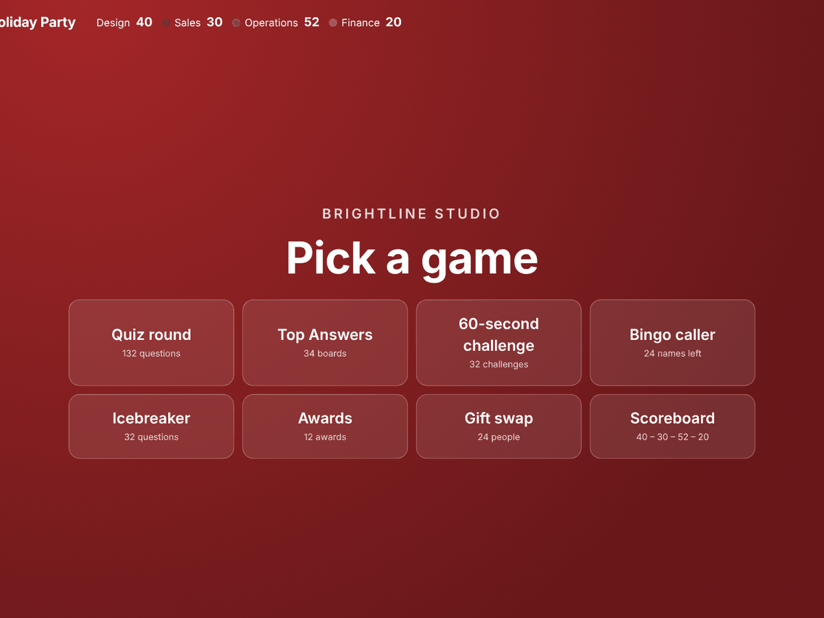 The host mode games menu with quiz, Top Answers, challenges, bingo caller, icebreakers, awards, gift swap and scoreboard