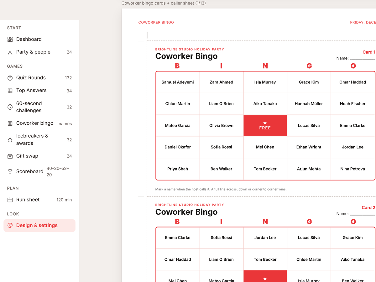 The Preview pages screen with the page picker and a coworker bingo sheet