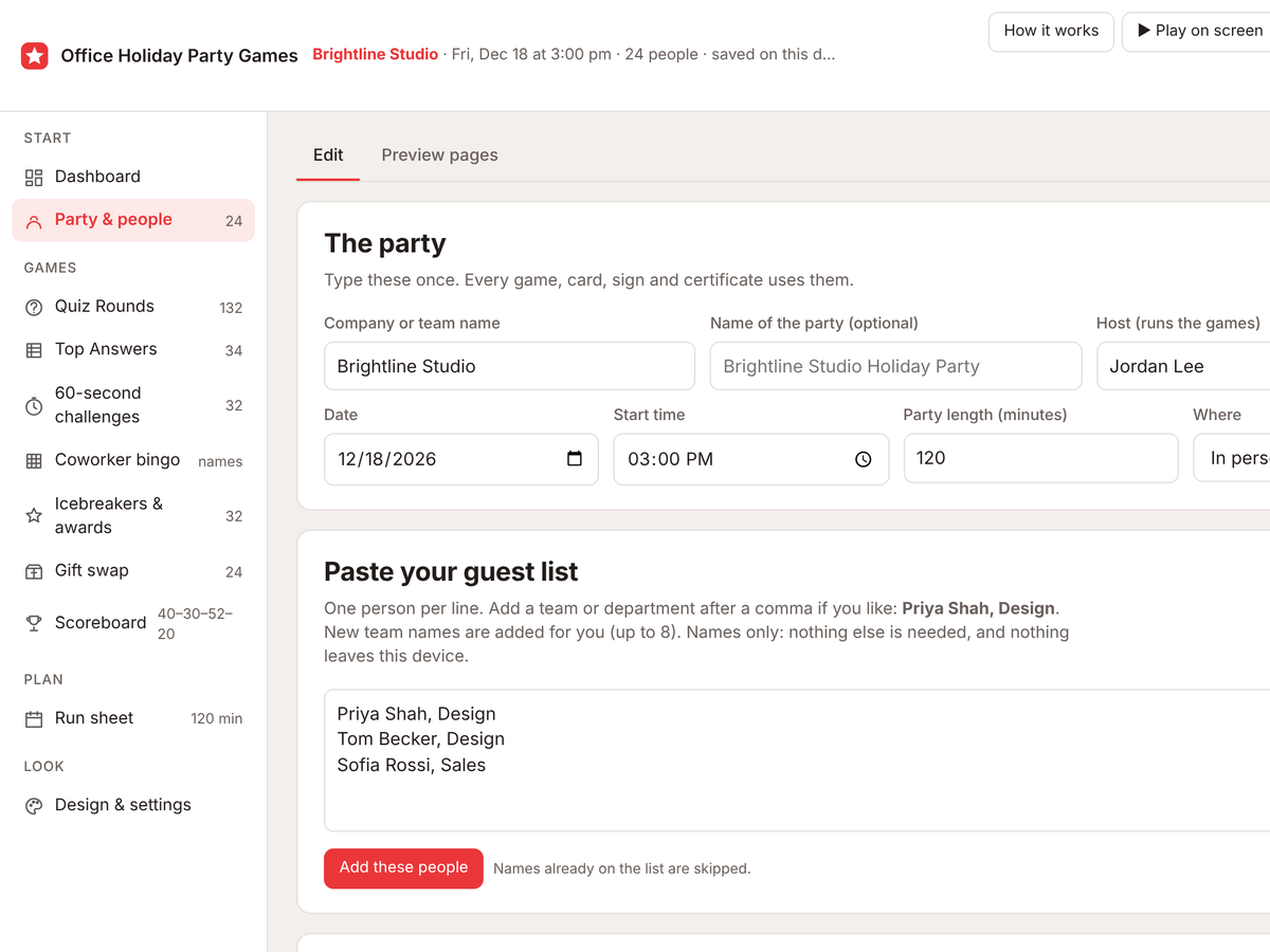 The Party & people screen with the party details and a pasted guest list