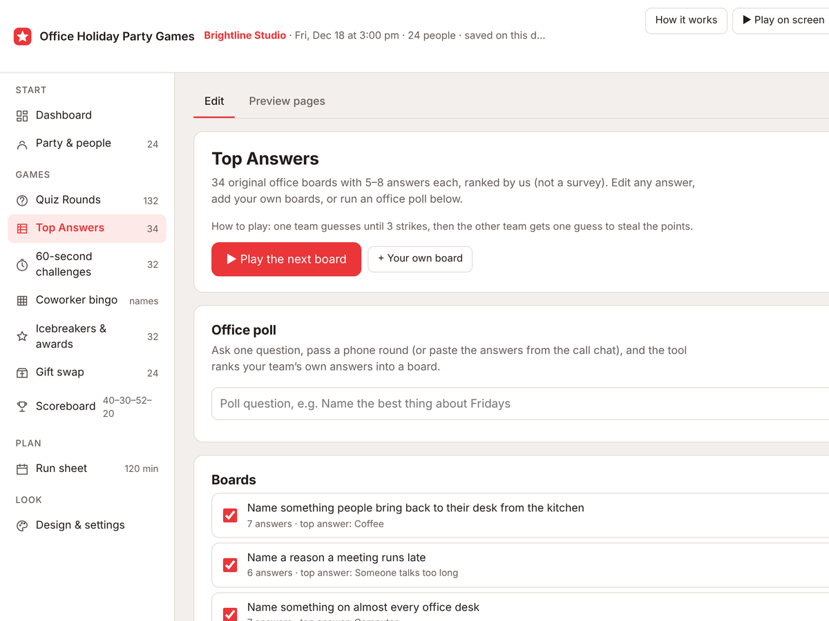 The Top Answers screen with the office poll and a board open for editing