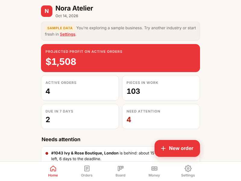 The OrderFlow home screen, then an order's progress, designs, costing and share tabs, the board and the money screen