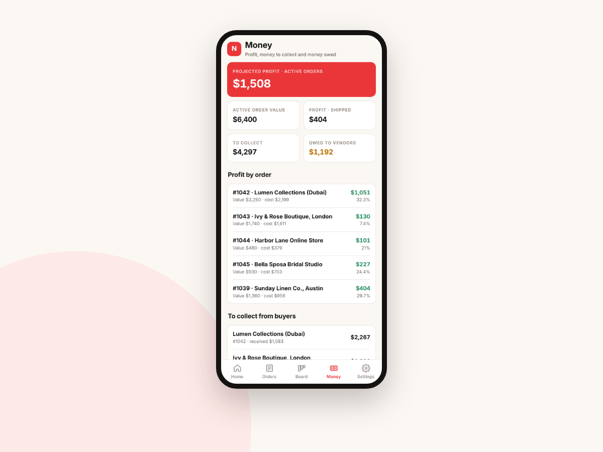 Money screen with projected profit, active order value, profit by order and amounts to collect