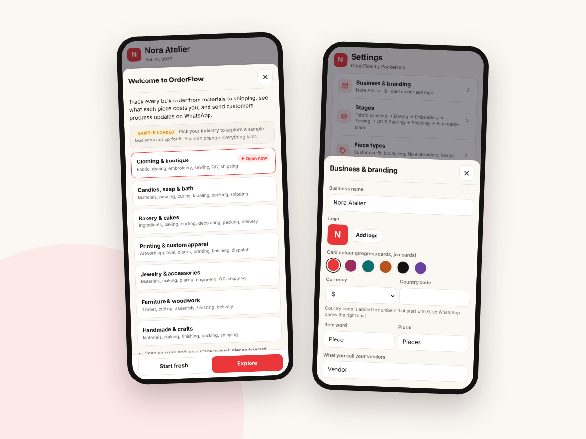 Welcome sheet with industry templates next to the Business and branding settings