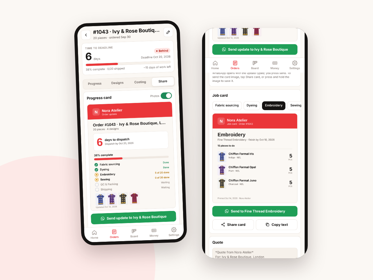 Share tab with a branded progress card and a vendor job card