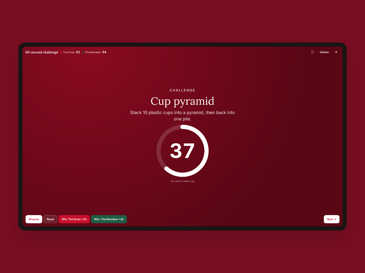 The 60-second challenge timer showing the cup pyramid challenge