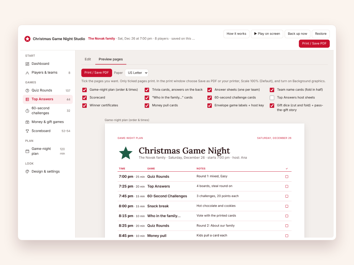 The Preview pages screen with the page picker and the game-night plan