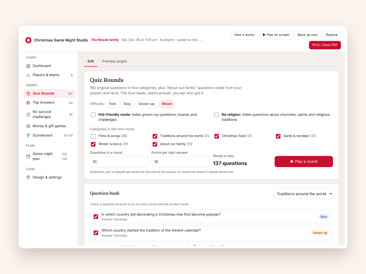 The Quiz Rounds screen with difficulty, categories and the question bank