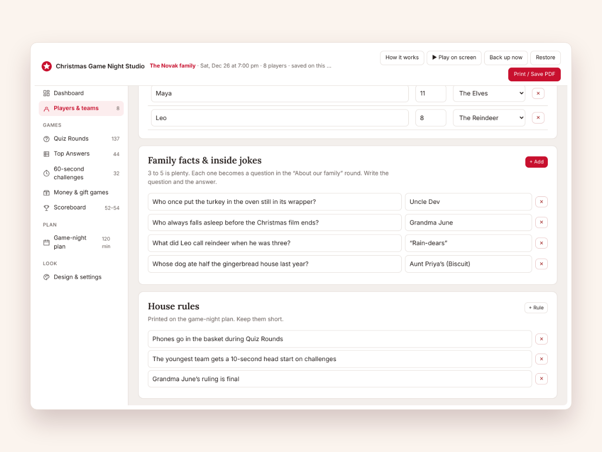 The family facts and house rules screen with four example facts