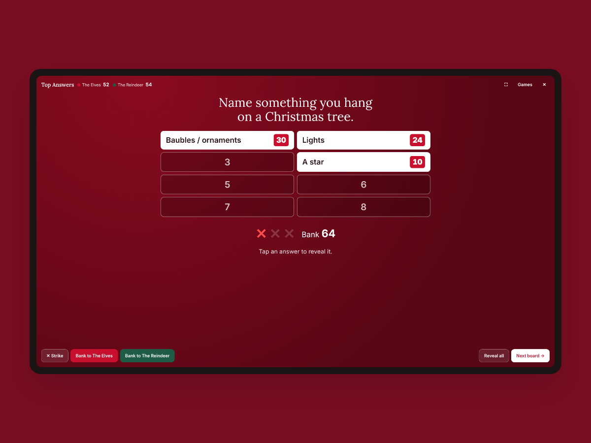 A Top Answers board with three answers revealed and the points bank