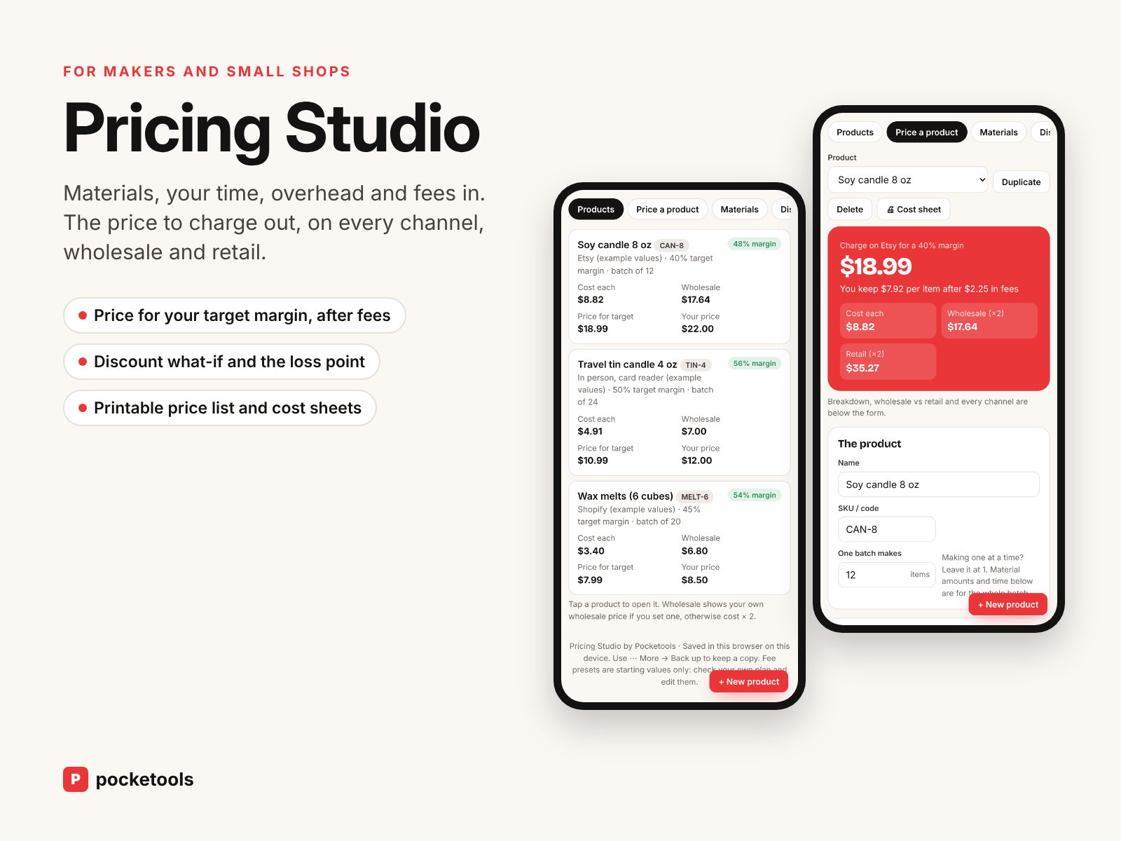 Pricing Studio on two phones: a product list and an $18.99 price for a 40% margin on a marketplace