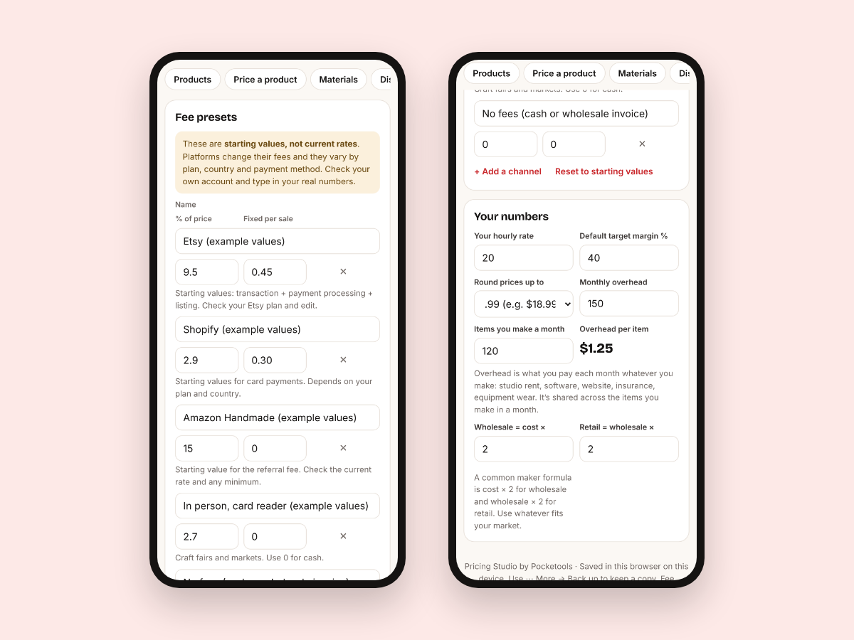 Fee presets marked as example values and the hourly rate, overhead and margin settings