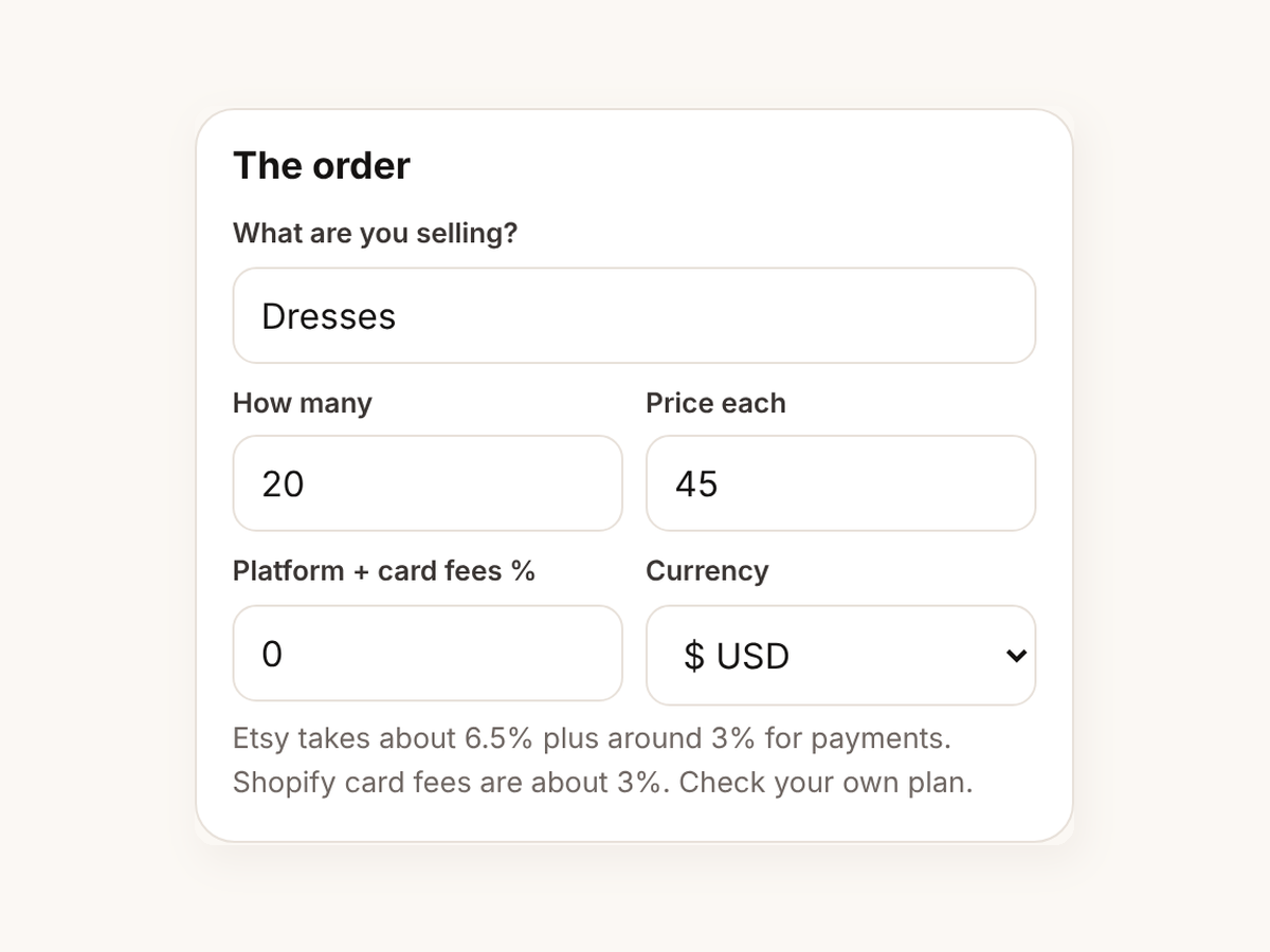 The order card with 20 dresses at $45 each, fees 0% and currency US dollars
