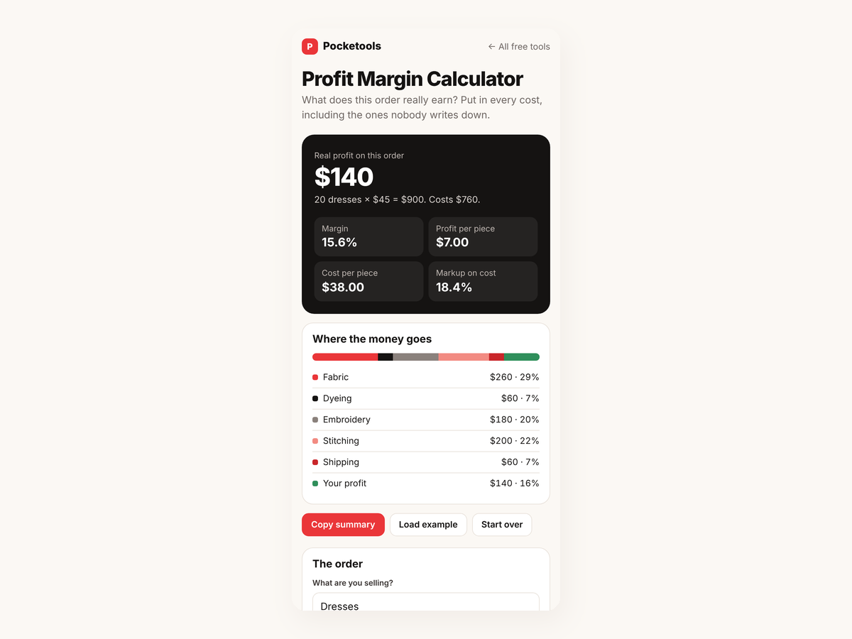 The calculator on a phone with the profit card at the top and the cost breakdown below