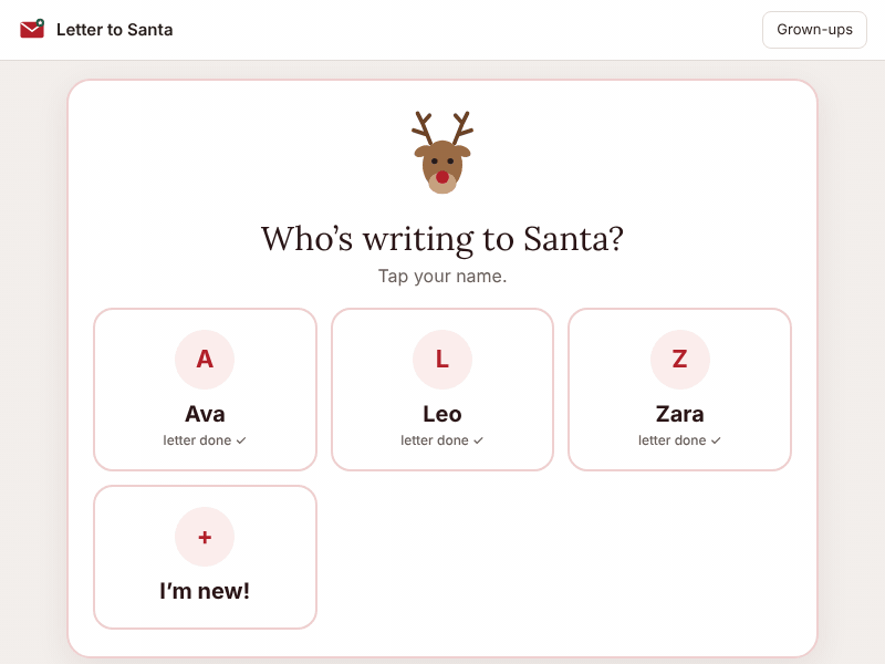 A child picks their name, taps what they're proud of and adds wishes, then the printable letter pages scroll by