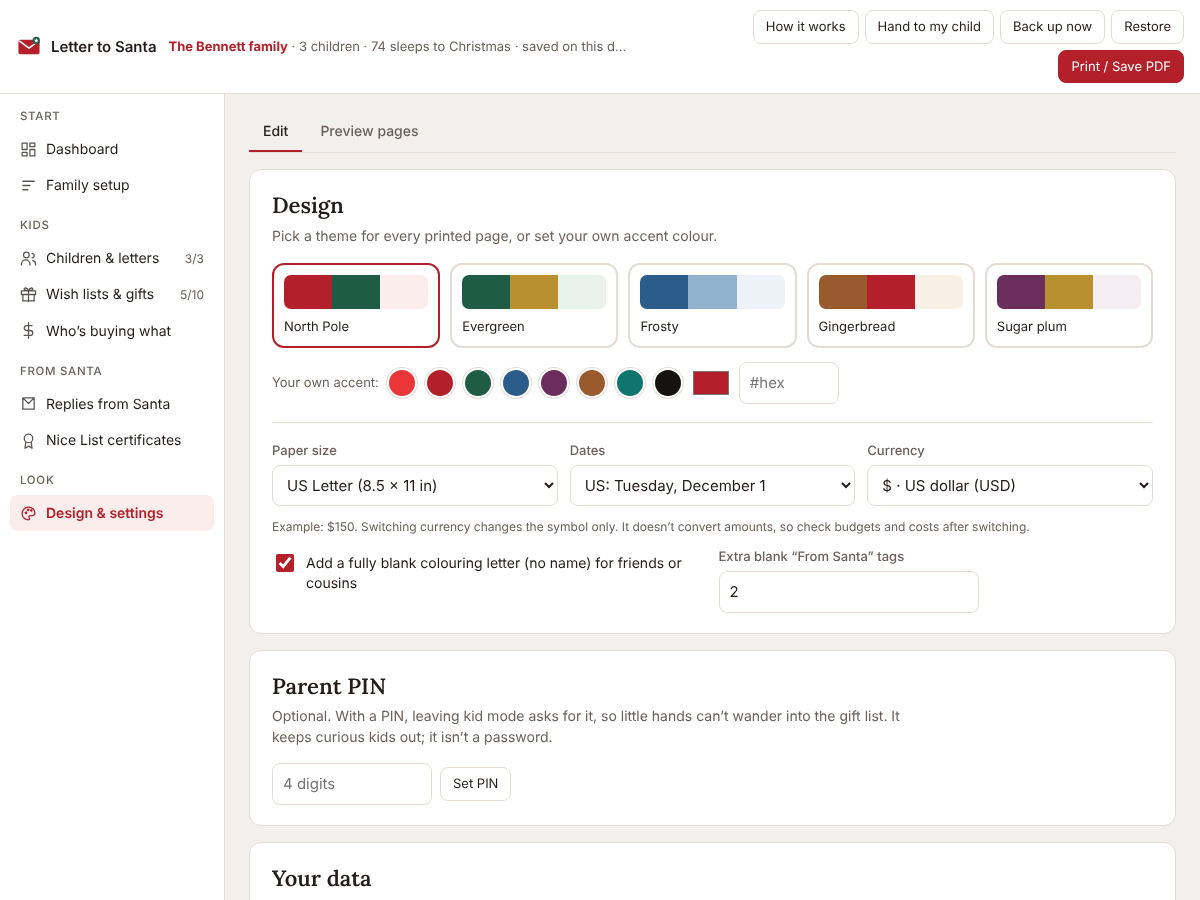 Design and settings screen with five colour themes, accent colours, paper size, date style and currency