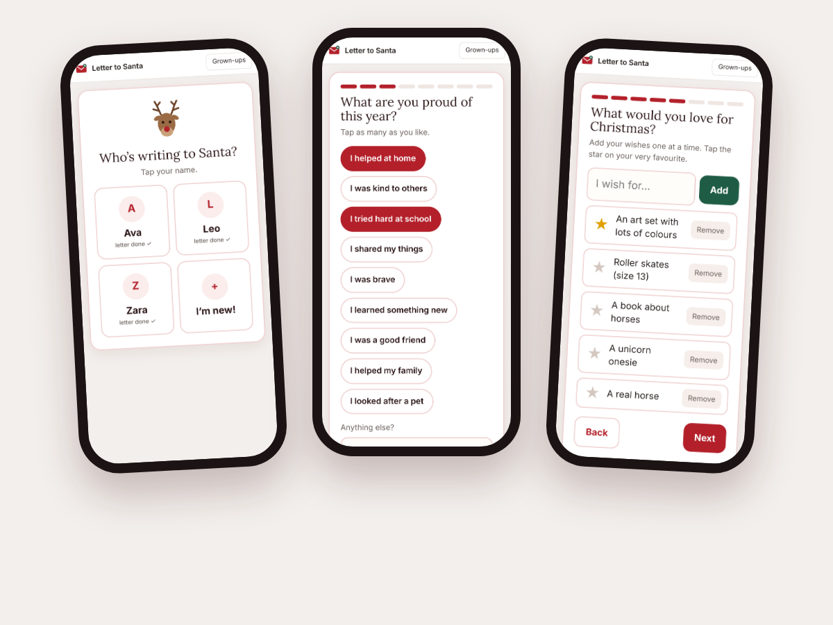 Three phone screens in kid mode: choosing a name, tapping what they're proud of, and adding wishes with a star on the favourite