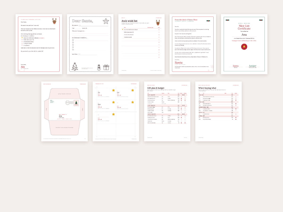 All nine printable page types shown as thumbnails