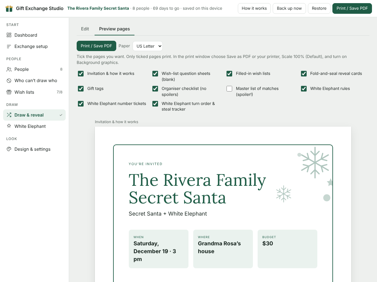 Preview pages with a checklist of printable page types and the invitation page
