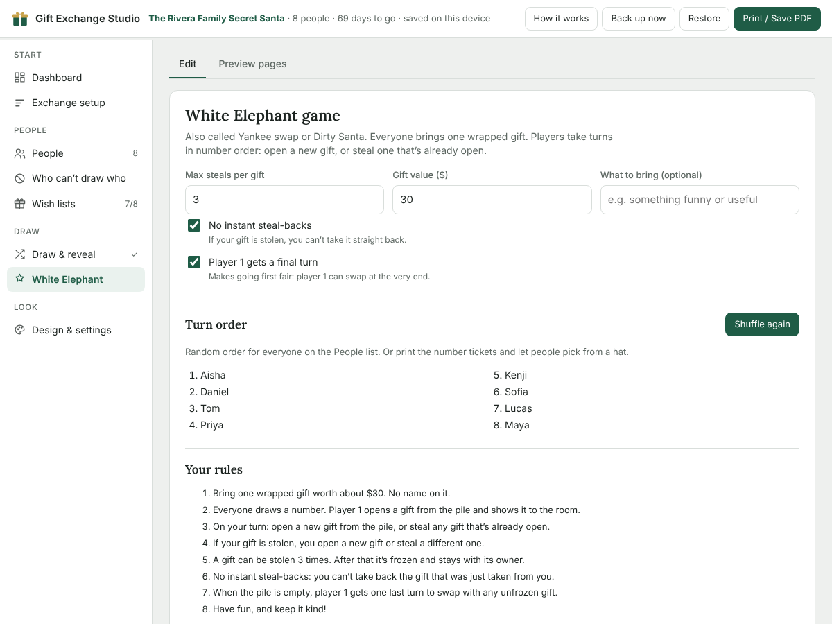 White Elephant settings with steal limit, turn order and written rules