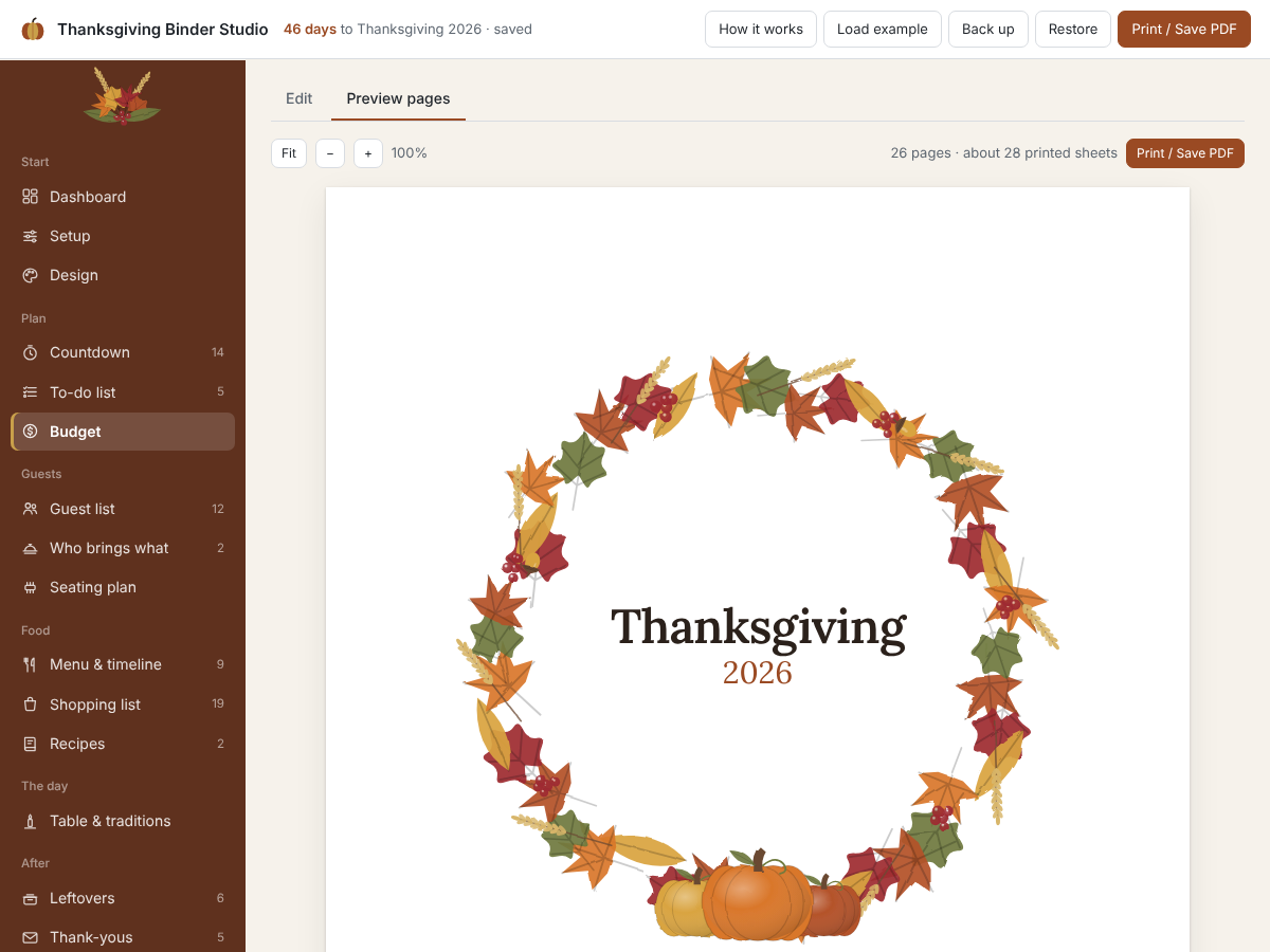 Preview of the printable binder with a Thanksgiving wreath cover